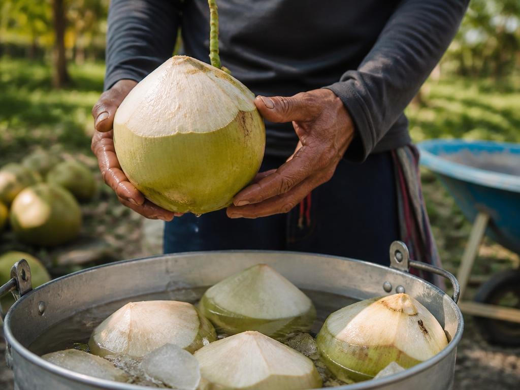 Fresh Thai coconuts harvested and chilled over ice