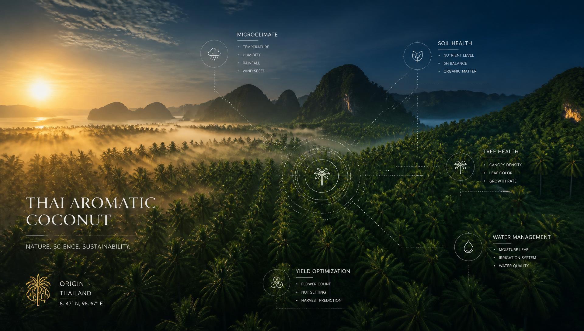 Thai aromatic coconut plantation at sunrise