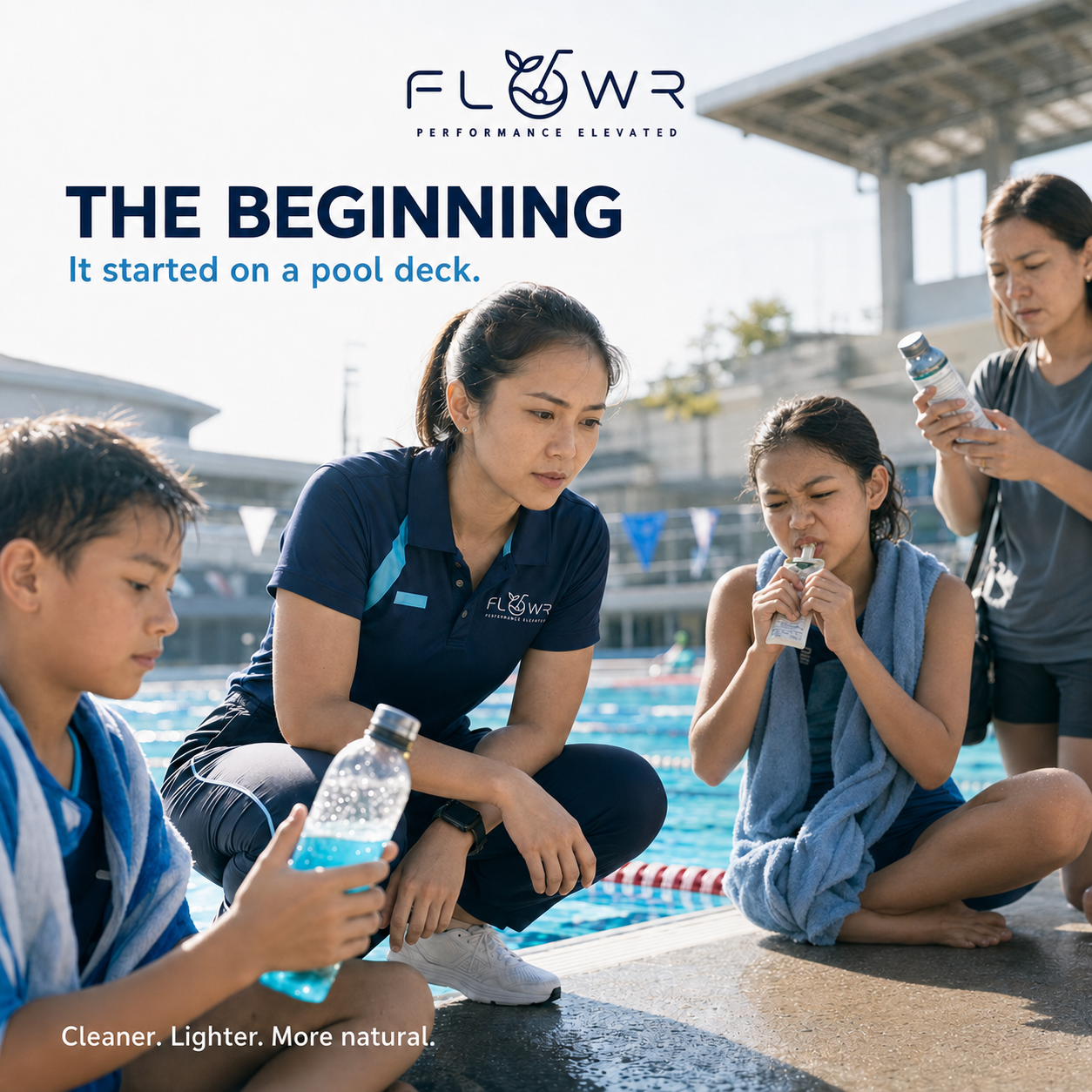 Coach and young swimmers on a pool deck with FlowR
