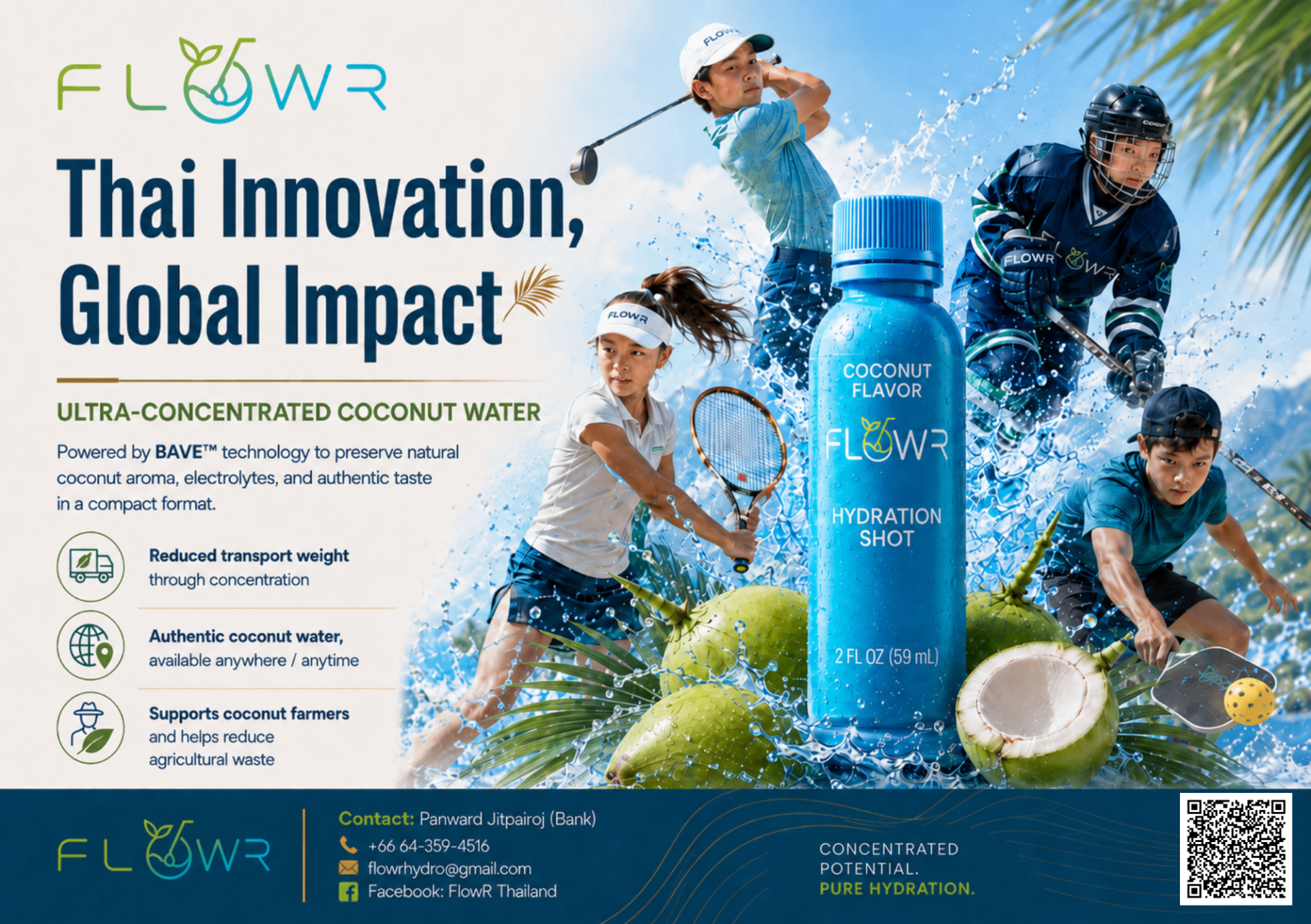 FlowR Coco Shot product leaflet showing athletes and the 65ml bottle