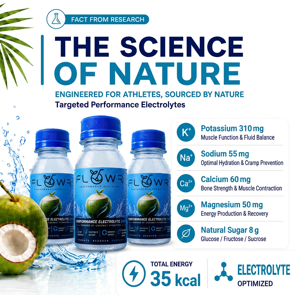 FlowR ingredients infographic: The Science of Nature — engineered for athletes, sourced by nature. Potassium 310mg, Sodium 55mg, Calcium 60mg, Magnesium 50mg, Natural Sugar 8g, Total Energy 35 kcal.