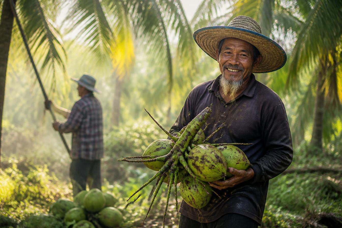 Thai coconut farmers harvesting fresh coconuts